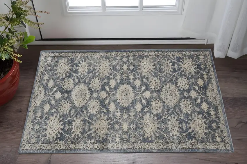 Blue And Beige Oriental Distressed Area Rug Photo 1