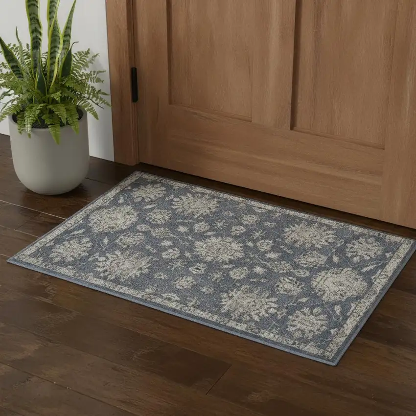 Blue And Beige Oriental Power Loom Non Skid Area Rug Photo 1