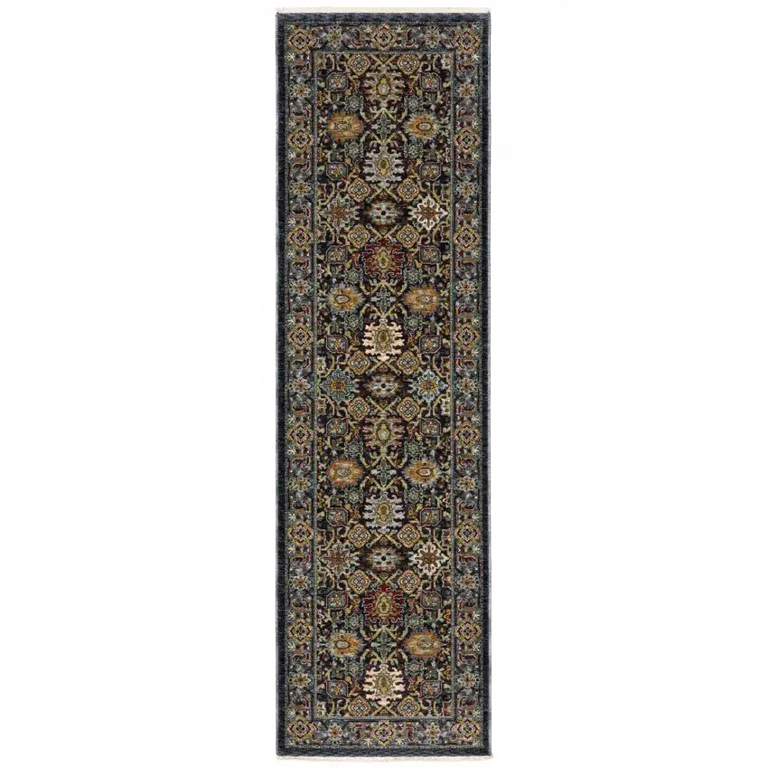 Blue And Beige Oriental Power Loom Runner Rug With Fringe Photo 1