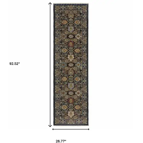 2' X 8' Blue And Beige Oriental Power Loom Runner Rug With Fringe Photo 3