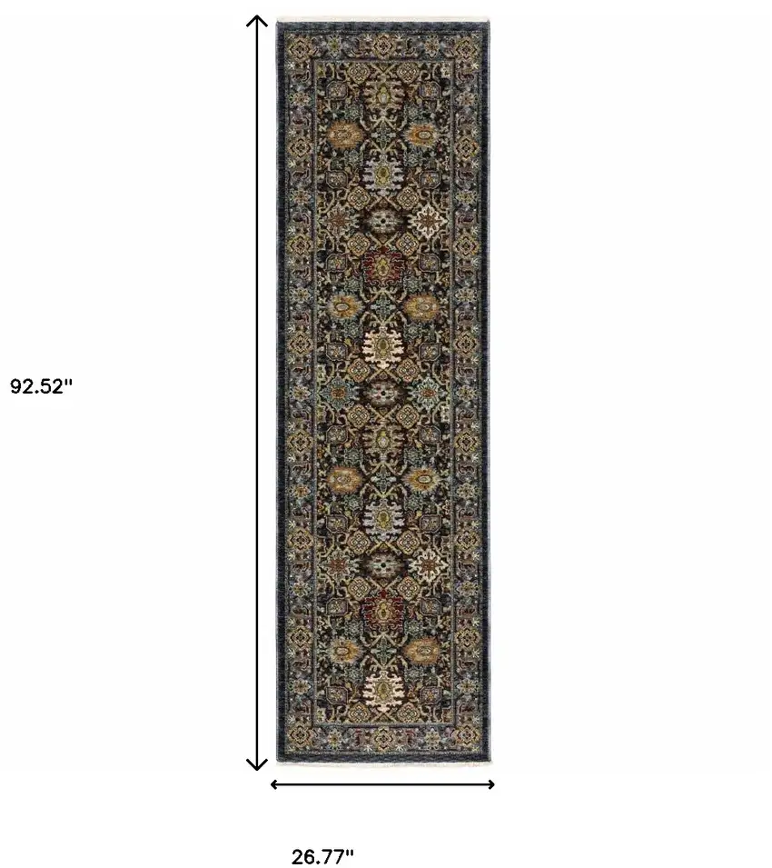 2' X 8' Blue And Beige Oriental Power Loom Runner Rug With Fringe Photo 3