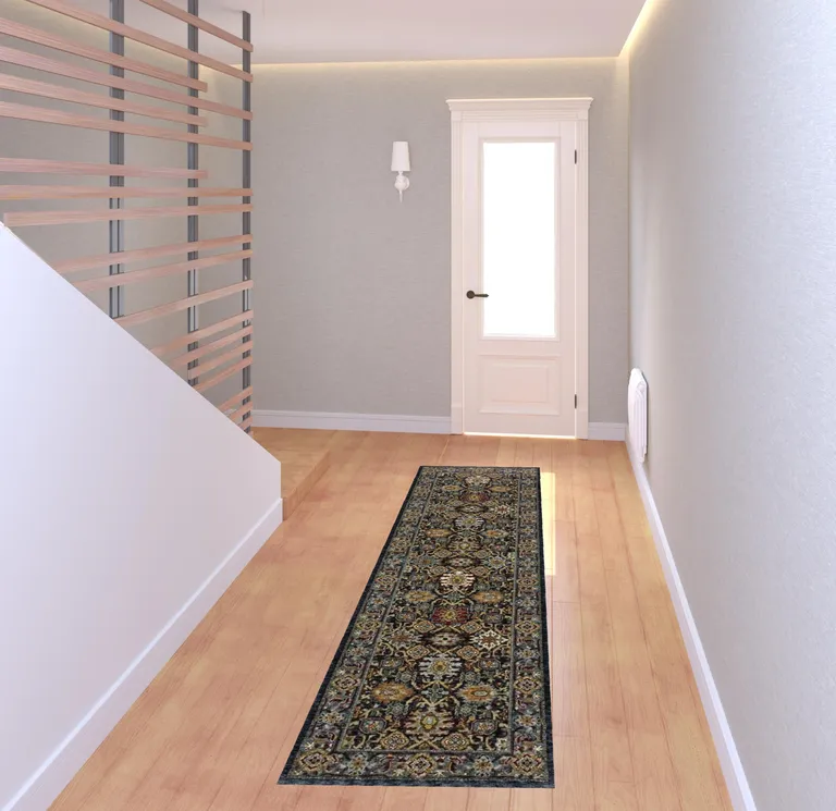 Blue And Beige Oriental Power Loom Runner Rug With Fringe Photo 2