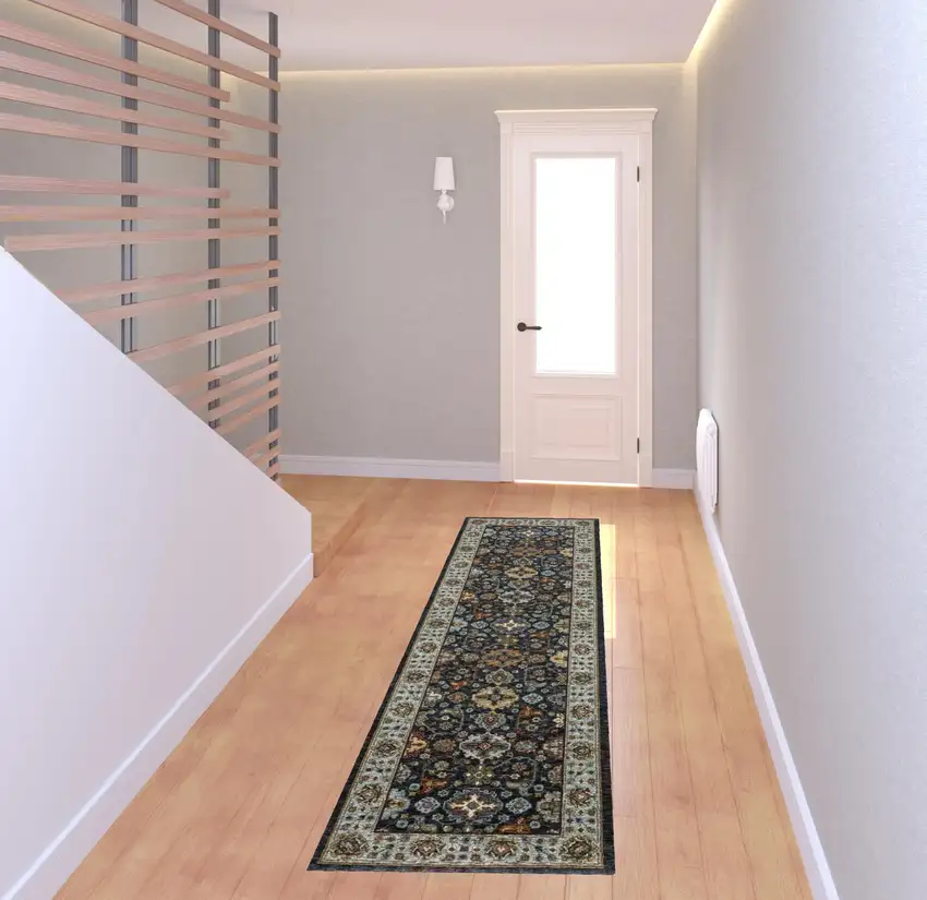 Blue And Beige Oriental Power Loom Runner Rug With Fringe Photo 3