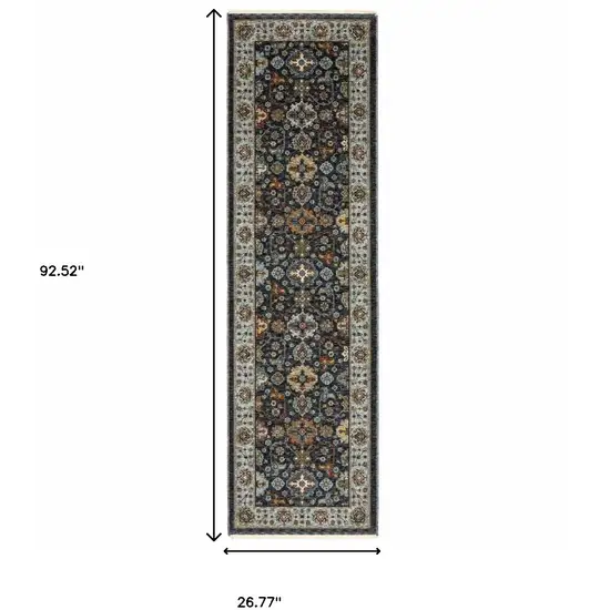 2' X 8' Blue And Beige Oriental Power Loom Runner Rug With Fringe Photo 3