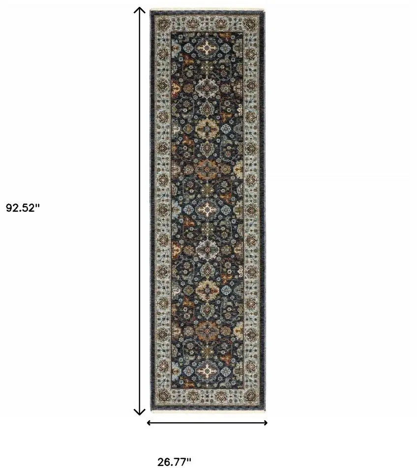 2' X 8' Blue And Beige Oriental Power Loom Runner Rug With Fringe Photo 3