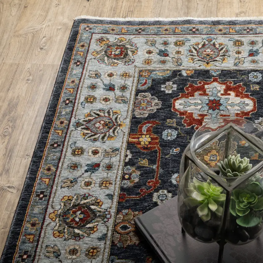 Blue And Beige Oriental Power Loom Runner Rug With Fringe Photo 7