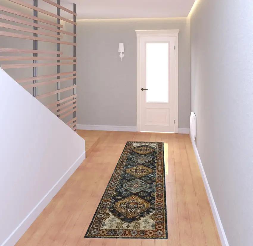 Blue And Beige Oriental Power Loom Runner Rug With Fringe Photo 2