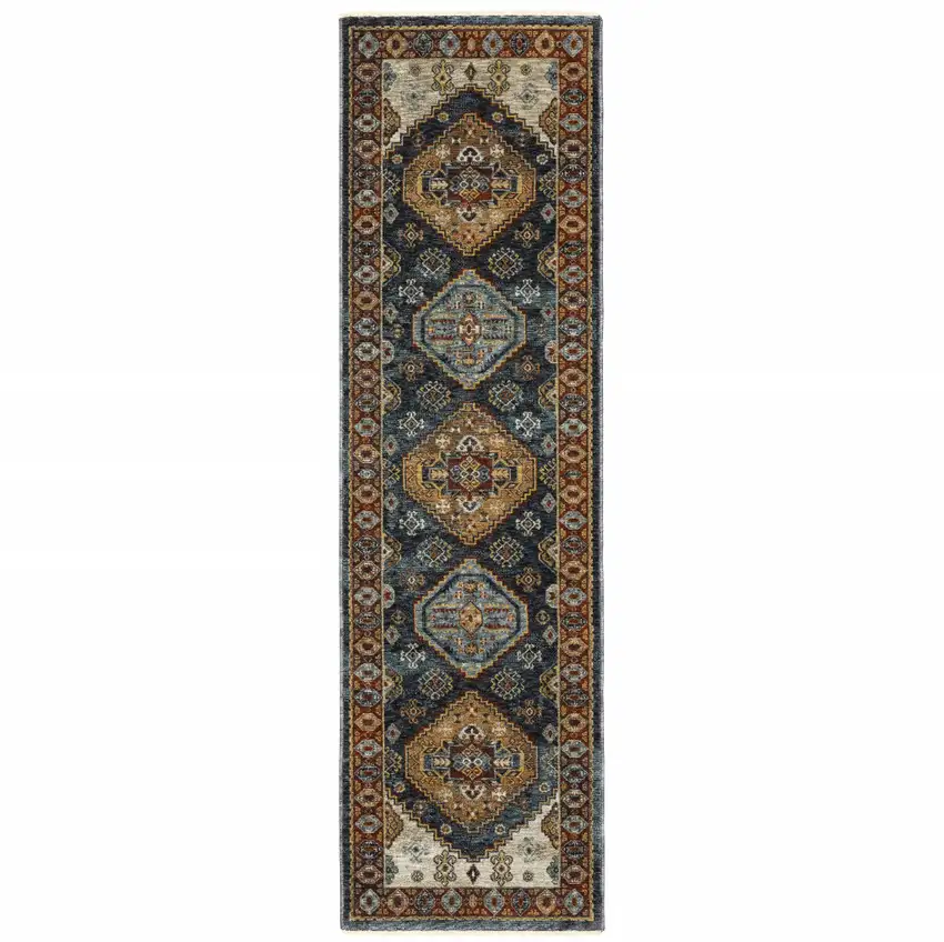 Blue And Beige Oriental Power Loom Runner Rug With Fringe Photo 1