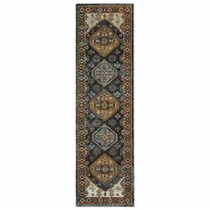 Photo of Blue And Beige Oriental Power Loom Runner Rug With Fringe