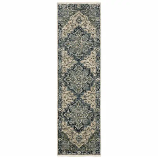 2' X 8' Blue And Beige Oriental Power Loom Runner Rug With Fringe Photo 2