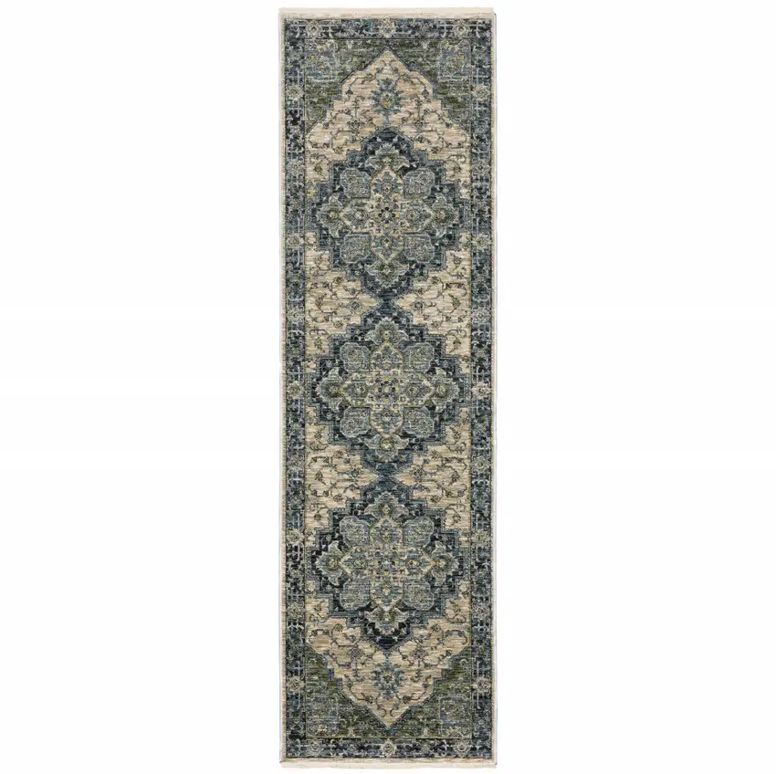 2' X 8' Blue And Beige Oriental Power Loom Runner Rug With Fringe Photo 2
