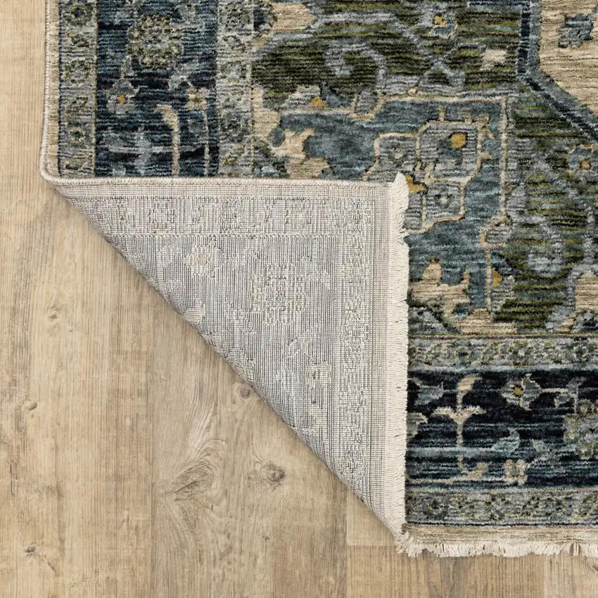 2' X 8' Blue And Beige Oriental Power Loom Runner Rug With Fringe Photo 8
