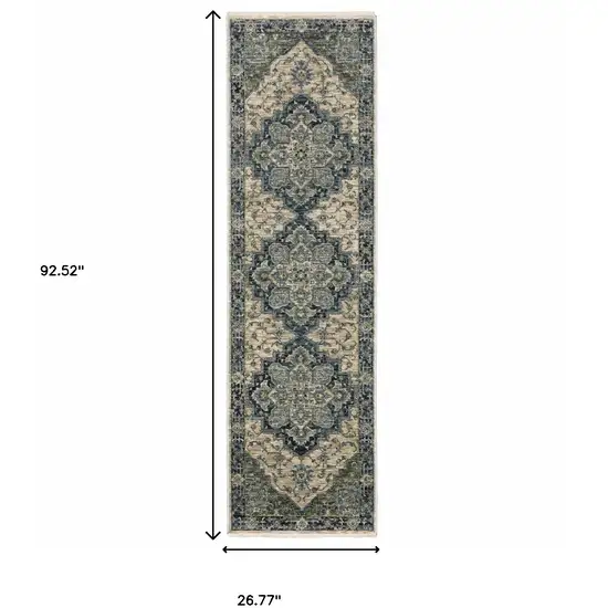 2' X 8' Blue And Beige Oriental Power Loom Runner Rug With Fringe Photo 3