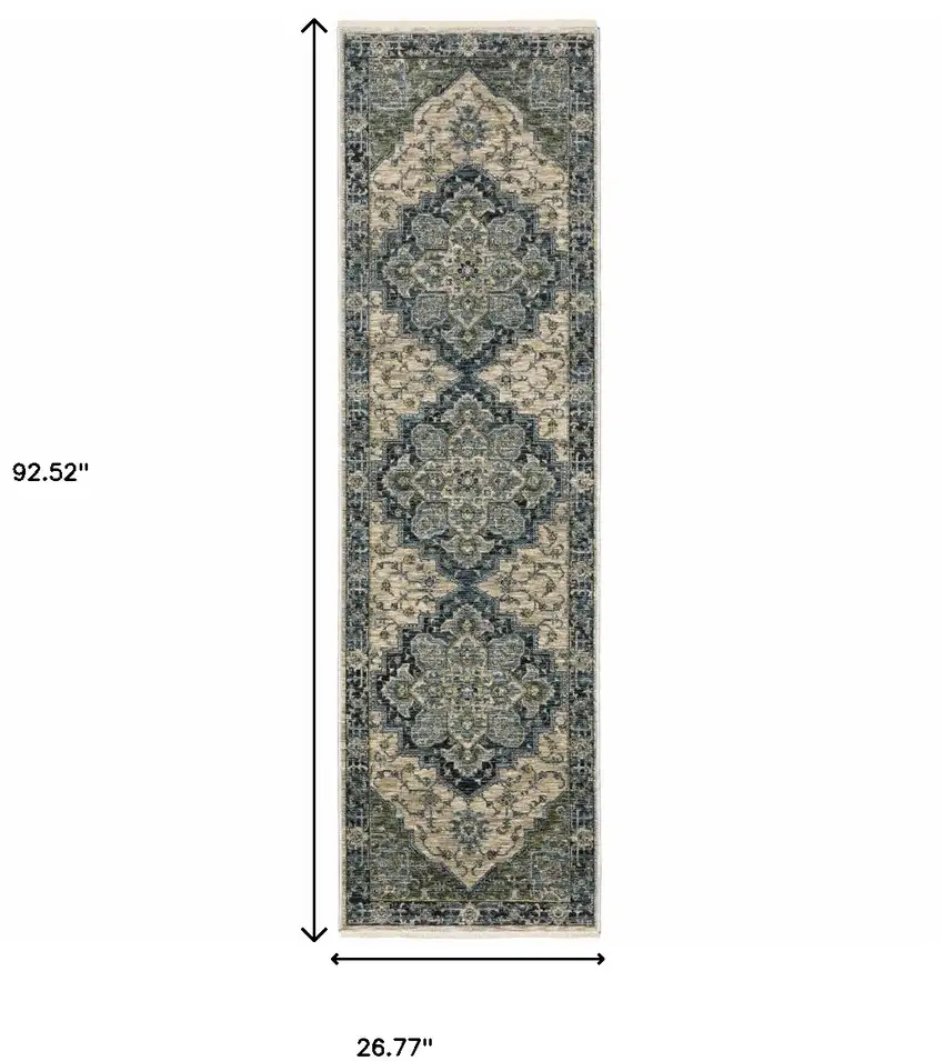 2' X 8' Blue And Beige Oriental Power Loom Runner Rug With Fringe Photo 3