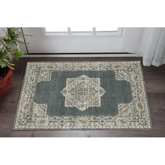 Blue and Beige Oriental Power Loom Area Rug Photo 1