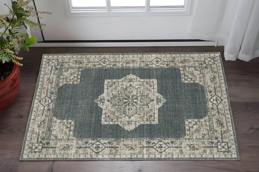 Blue and Beige Oriental Power Loom Area Rug Photo 1