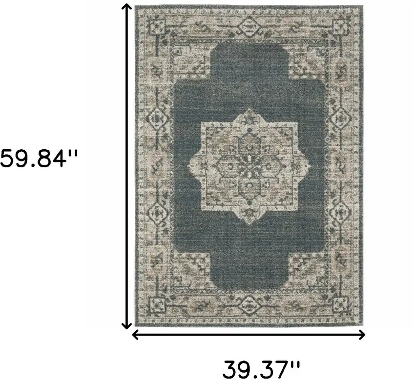 Blue and Beige Oriental Power Loom Area Rug Photo 3