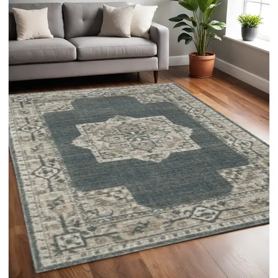 Blue and Beige Oriental Power Loom Area Rug Photo 1