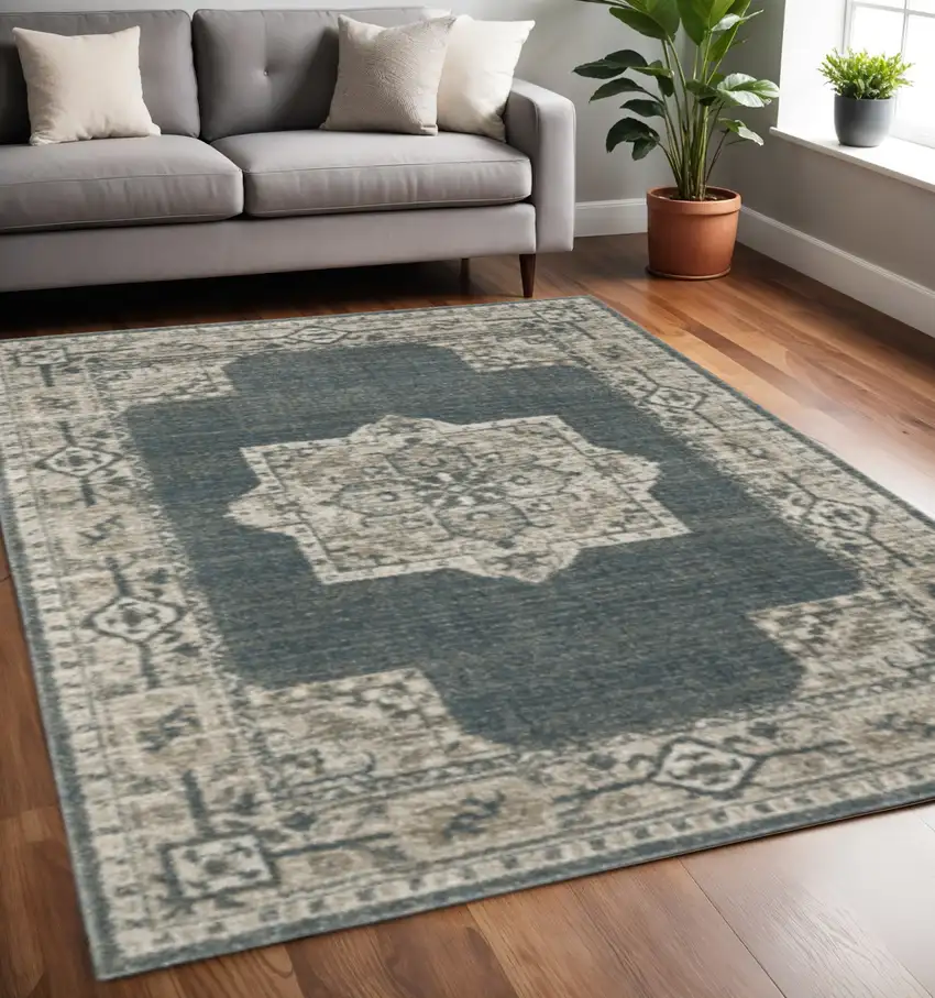 Blue and Beige Oriental Power Loom Area Rug Photo 1