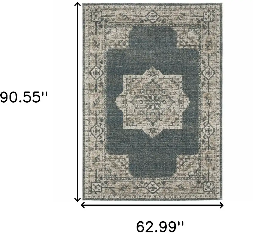 Blue and Beige Oriental Power Loom Area Rug Photo 3