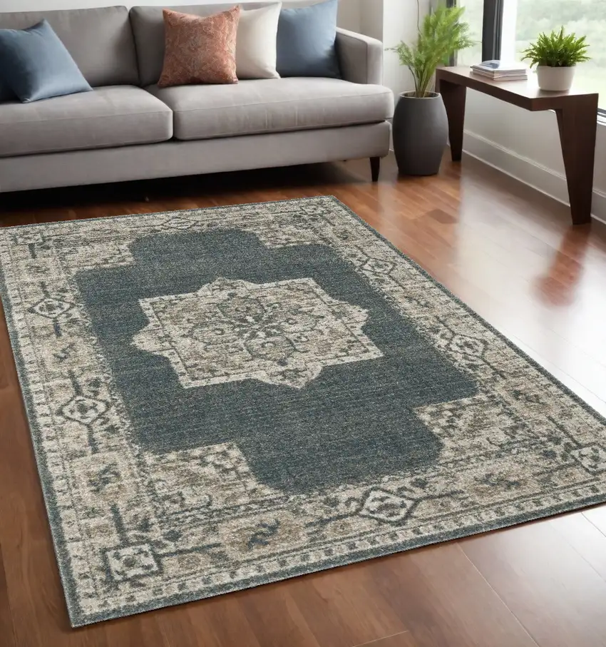 Blue and Beige Oriental Power Loom Area Rug Photo 1