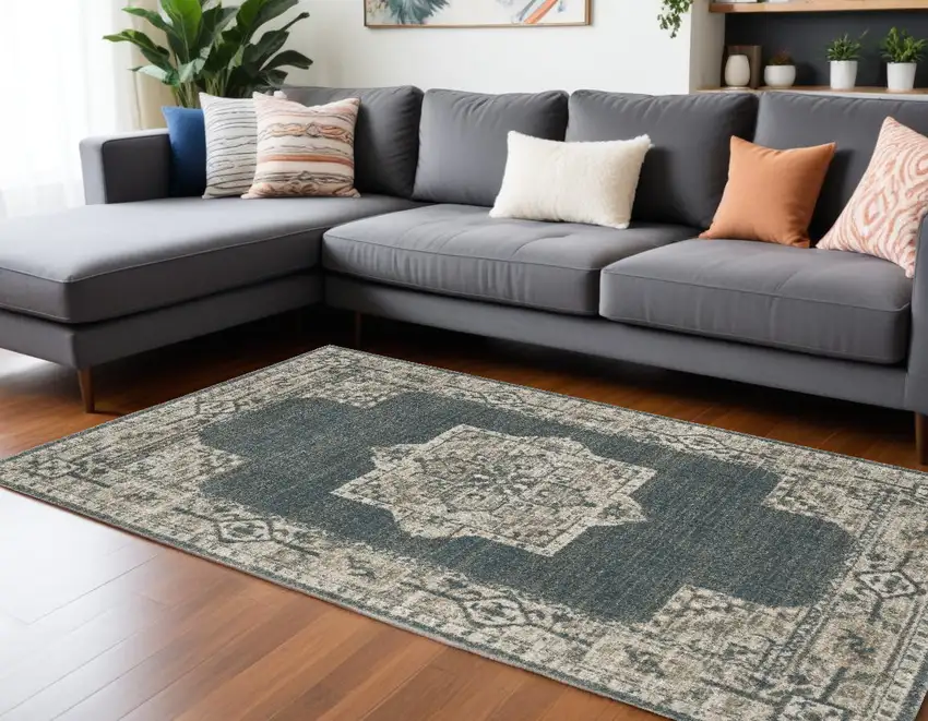 Blue and Beige Oriental Power Loom Area Rug Photo 1