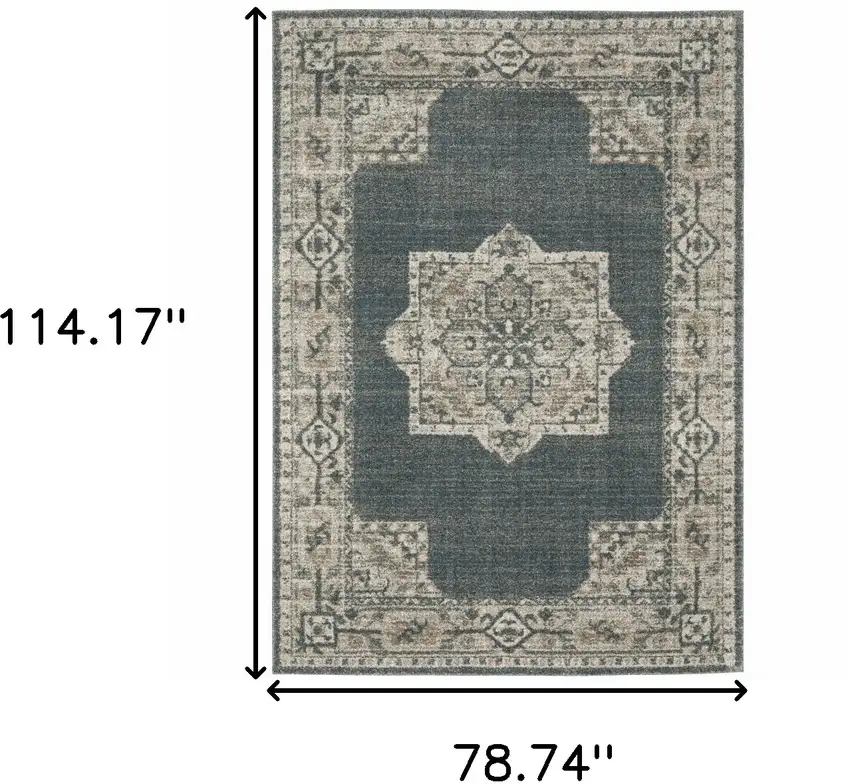 Blue and Beige Oriental Power Loom Area Rug Photo 3