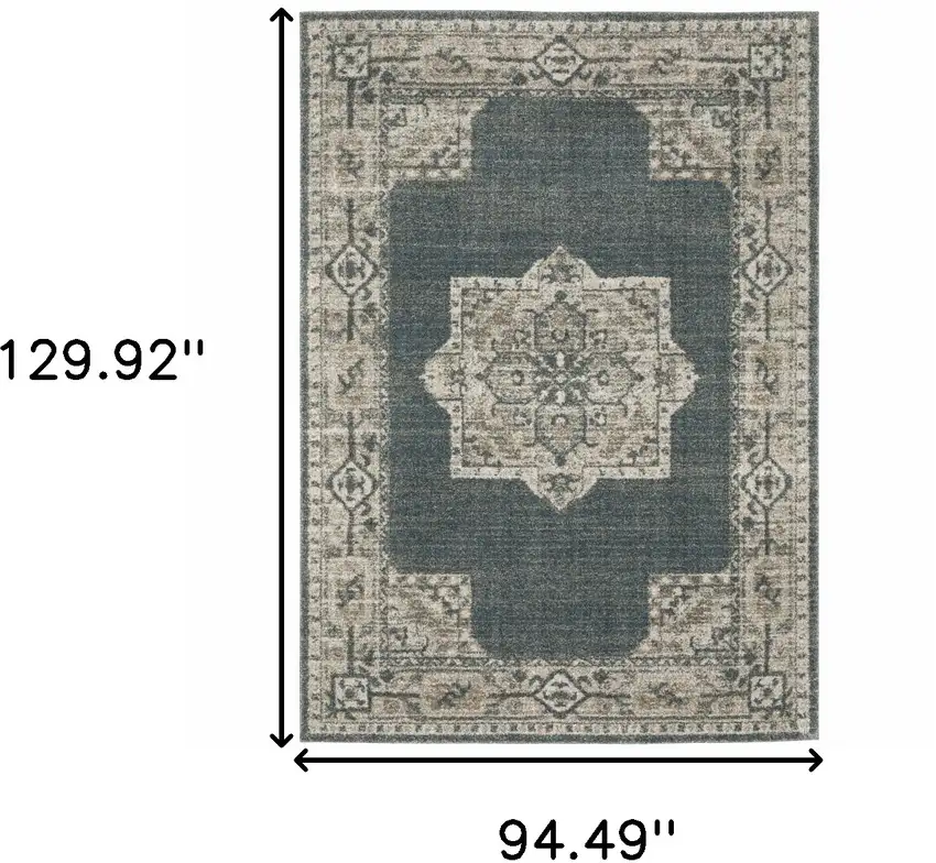 Blue and Beige Oriental Power Loom Area Rug Photo 3
