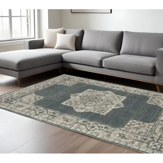 Blue and Beige Oriental Power Loom Area Rug Photo 1
