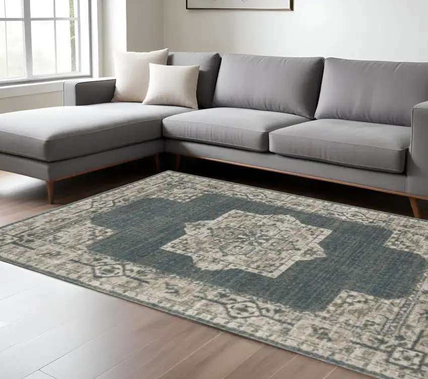 Blue and Beige Oriental Power Loom Area Rug Photo 1