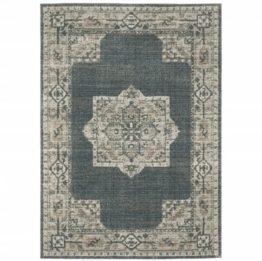 Blue And Beige Oriental Power Loom Stain Resistant Area Rug Photo 2