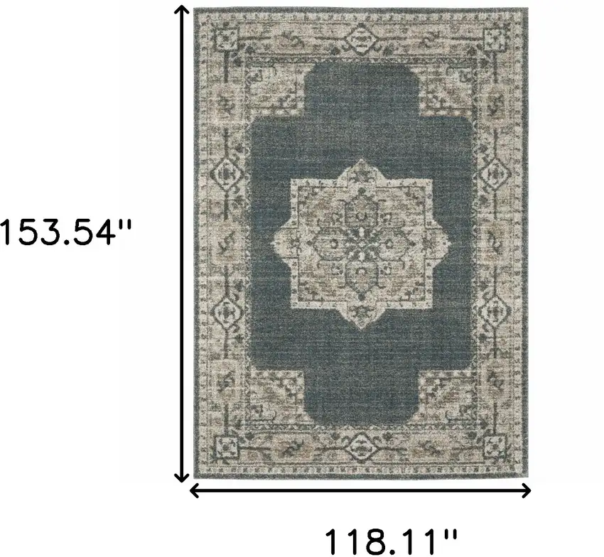 Blue and Beige Oriental Power Loom Area Rug Photo 3