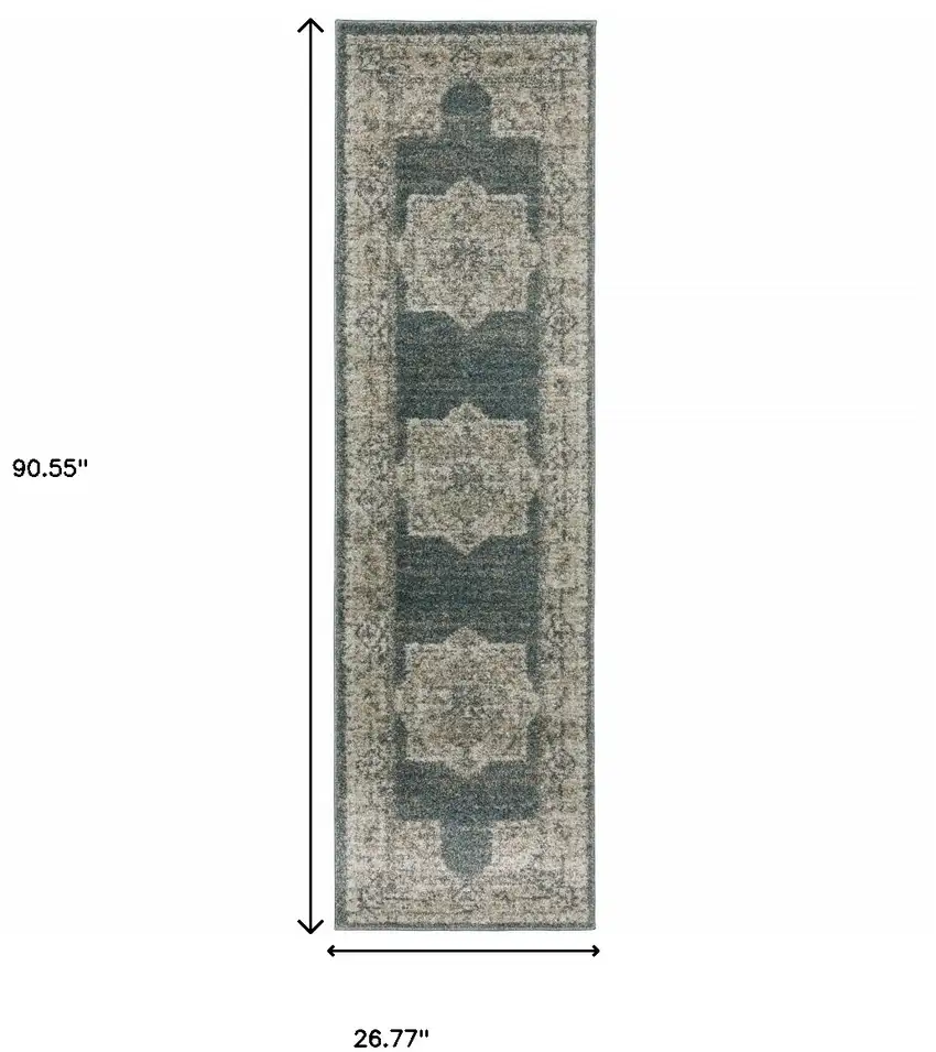 Blue And Beige Oriental Power Loom Stain Resistant Runner Rug Photo 10