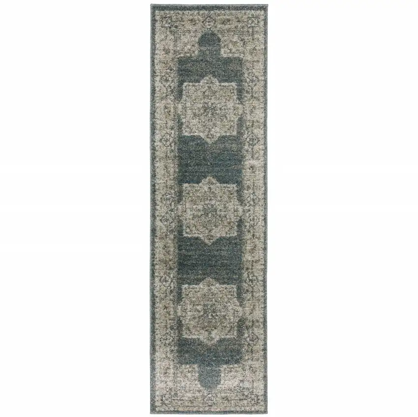 Blue And Beige Oriental Power Loom Stain Resistant Runner Rug Photo 1