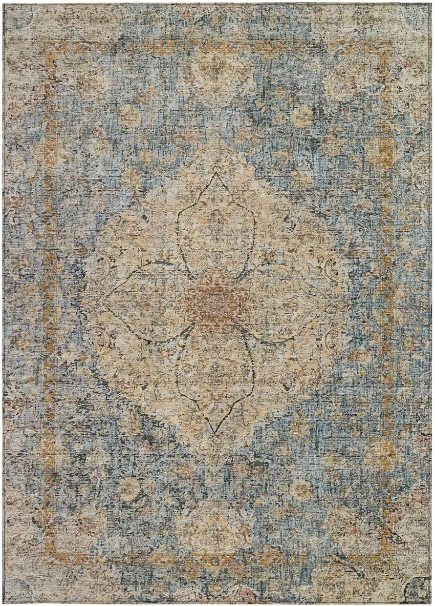 Blue And Beige Oriental Washable Indoor Outdoor Area Rug Photo 4