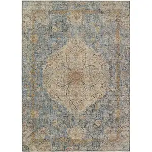 Photo of Blue And Beige Oriental Washable Indoor Outdoor Area Rug