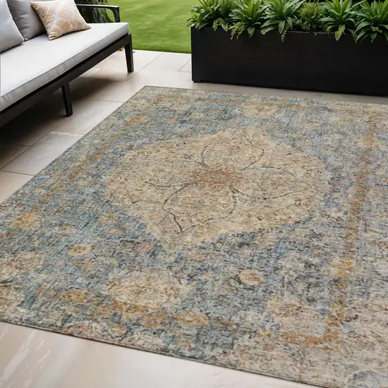 Blue And Beige Oriental Washable Indoor Outdoor Area Rug Photo 2