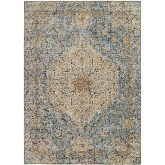 Blue And Beige Oriental Washable Indoor Outdoor Area Rug Photo 4