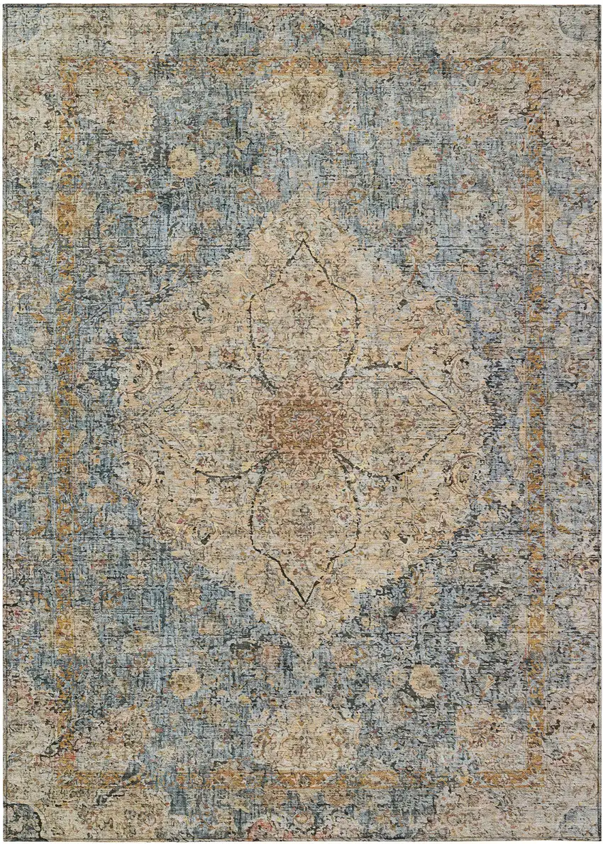 Blue And Beige Oriental Washable Indoor Outdoor Area Rug Photo 1