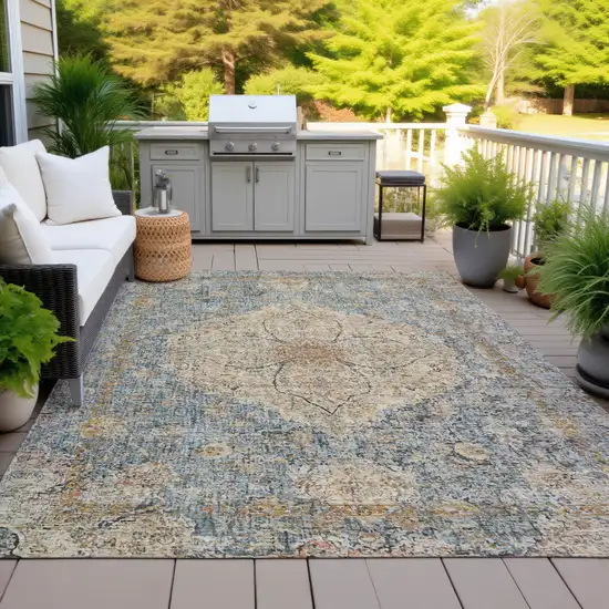 Blue And Beige Oriental Washable Indoor Outdoor Area Rug Photo 6