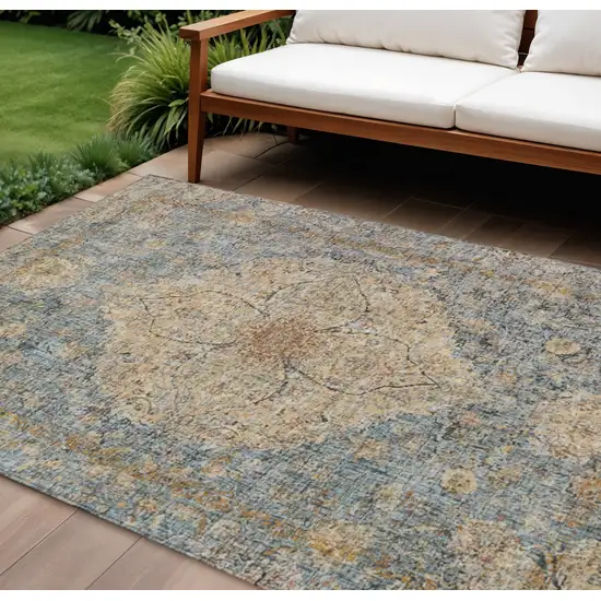Blue And Beige Oriental Washable Indoor Outdoor Area Rug Photo 2