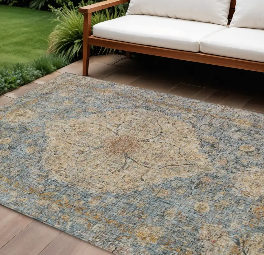 Blue And Beige Oriental Washable Indoor Outdoor Area Rug Photo 2