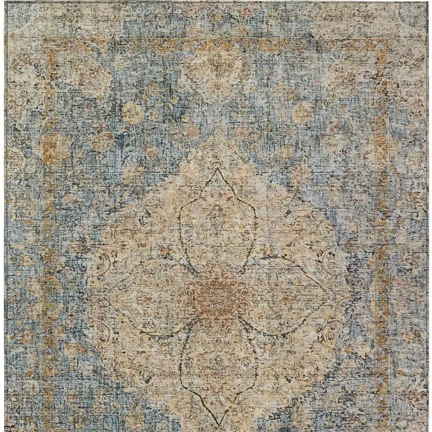 Blue And Beige Oriental Washable Indoor Outdoor Area Rug Photo 3