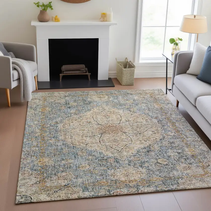 Blue And Beige Oriental Washable Indoor Outdoor Area Rug Photo 6