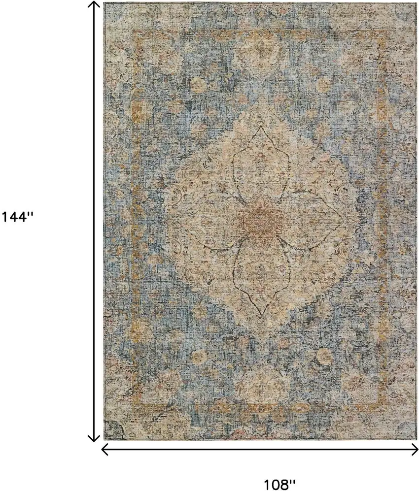 Blue And Beige Oriental Washable Indoor Outdoor Area Rug Photo 9