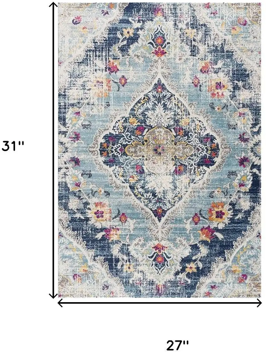 Blue And Beige Oriental Washable Non Skid Area Rug Photo 3
