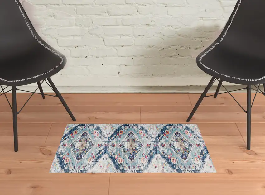 Blue And Beige Oriental Washable Non Skid Area Rug Photo 2