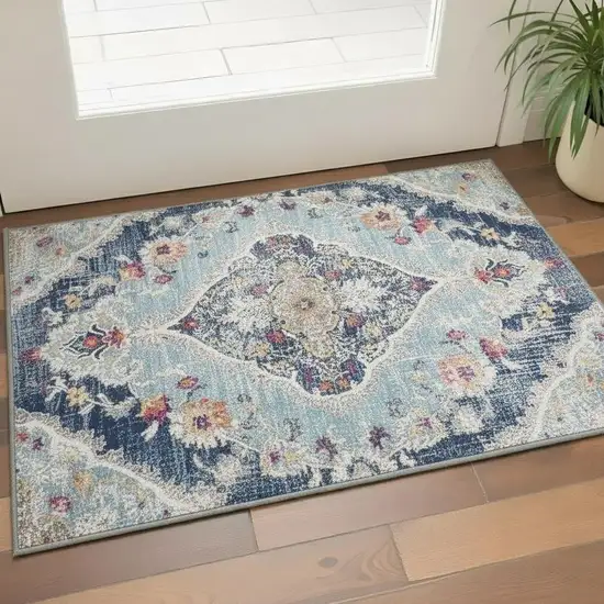 Blue And Beige Oriental Washable Non Skid Area Rug Photo 1