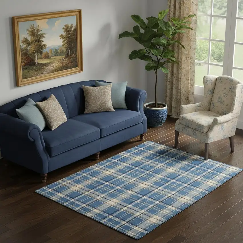 Blue And Beige Plaid Area Rug Photo 1