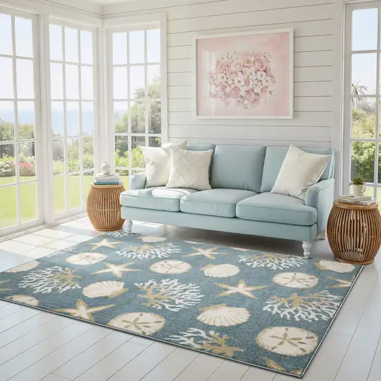 Blue And Beige Seashell and Coral Area Rug Photo 5